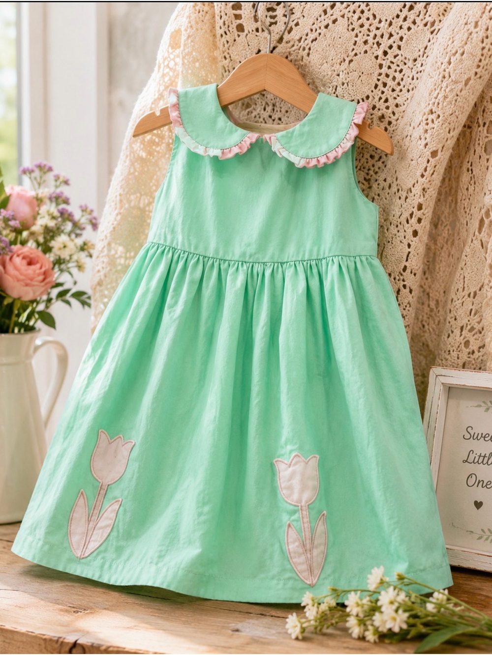Mint Tulip Appliqué Peter Pan Collar cotton Dress for Kids size 3T